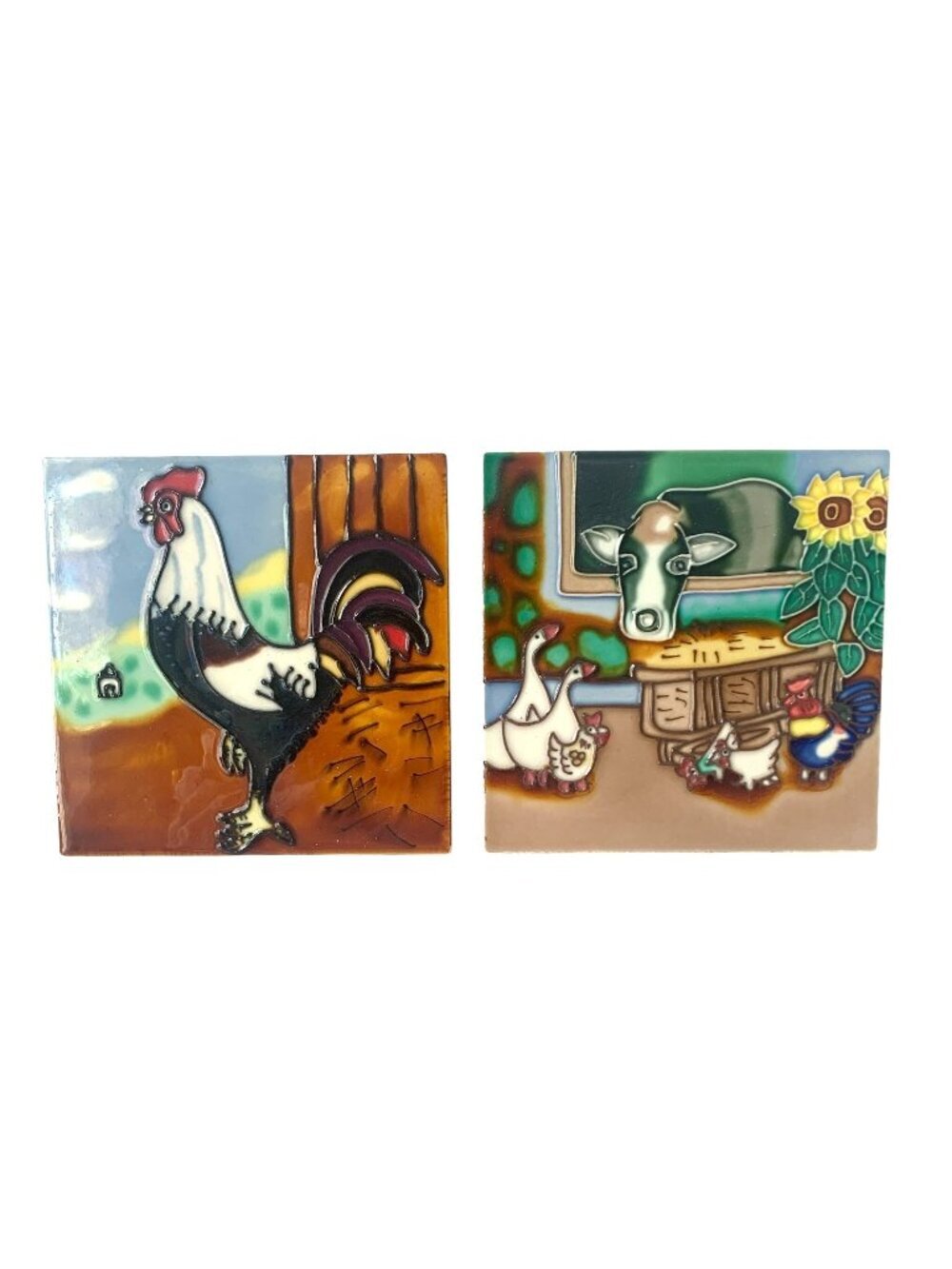 2 Art Ceramic Tiles Barnyard Animals Farm Animal Rooster Cow
